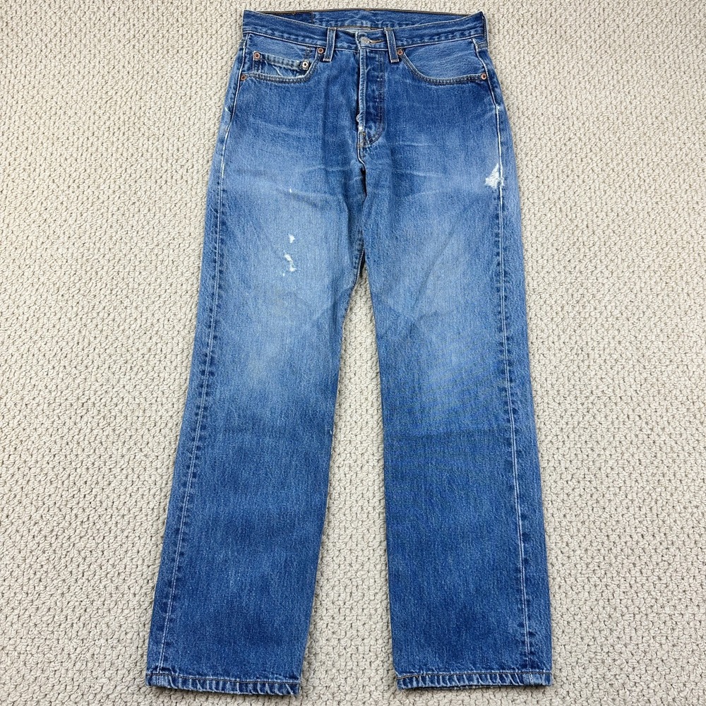 Levis 501 0115 Jeans Fits Mens 30x30 Blue Button Fly Straight Distressed Denim